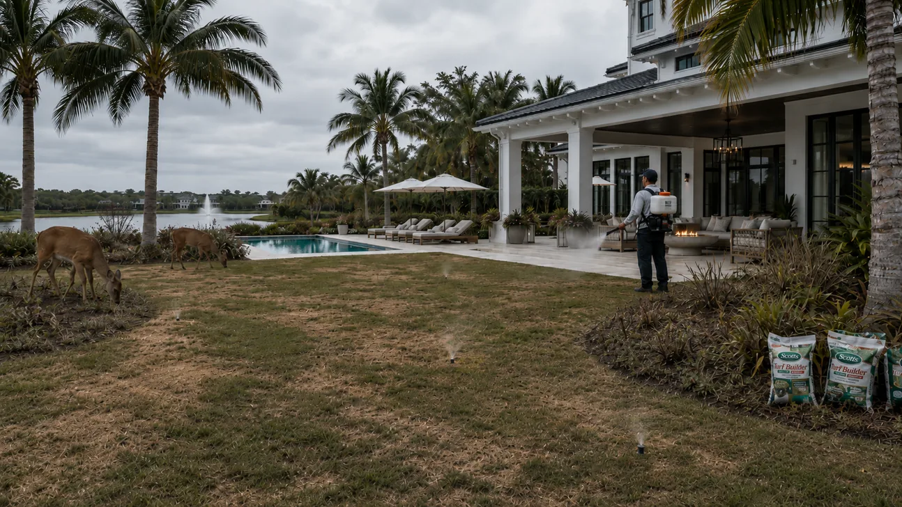 The same yard managed by four vendors, patchy with deer in the beds
