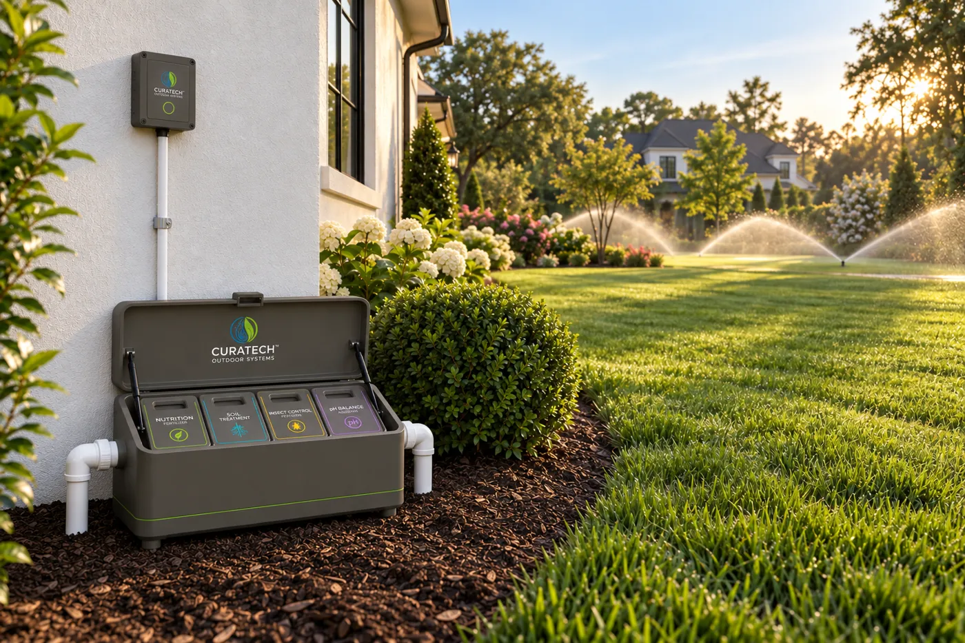 CuraTech controller and dispenser installed, irrigation running behind