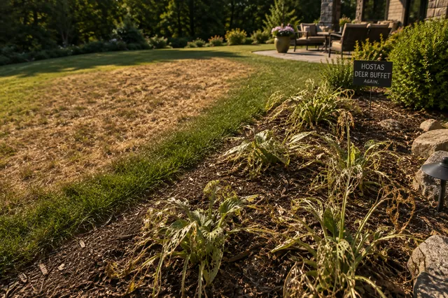 Browned lawn and sparse beds