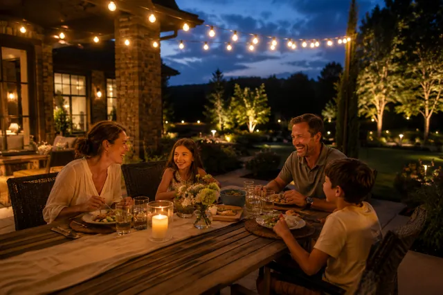 Family dinner outside at dusk