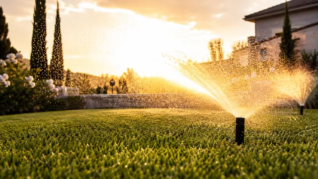 Sprinkler running at sunset