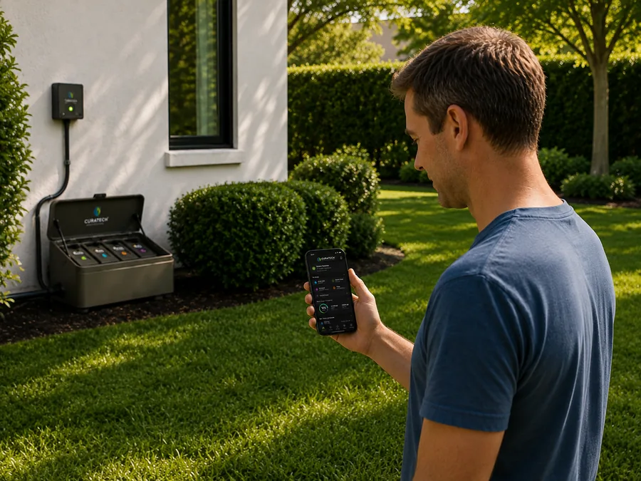 Homeowner checking the CuraTech app beside the installed system